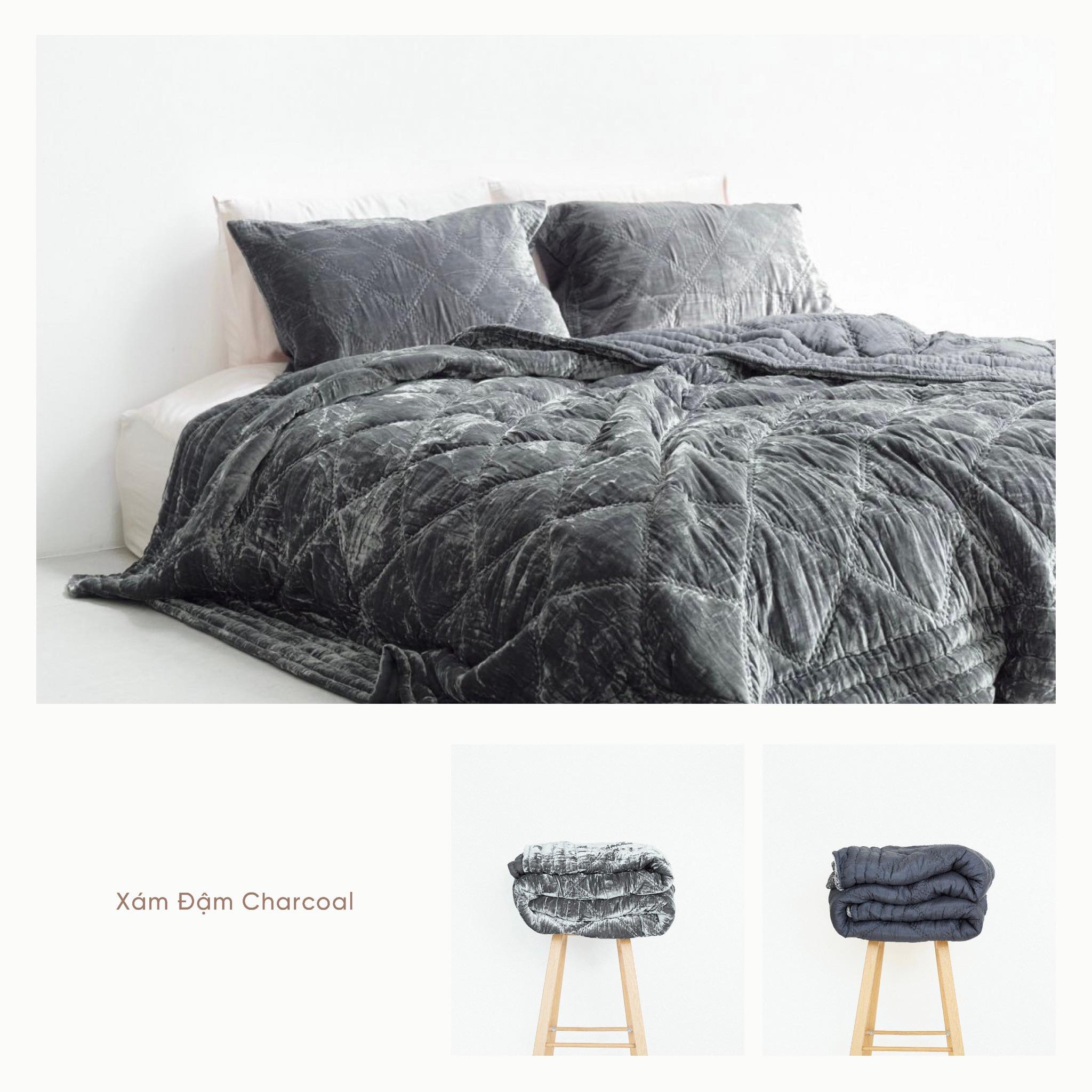 Silk Velvet Quilted Pillowcase - Charcoal