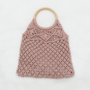 Boho Macrame Hand Bag with Wooden Handle - Diamond Pink