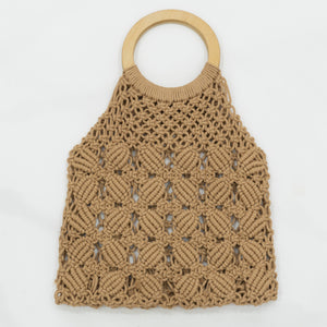 Boho Macrame Hand Bag with Wooden Handle - Floral Brown