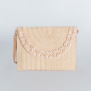 Straw Clutch Bag Rectangular with Diamond Seashell