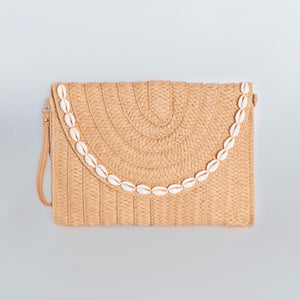 Straw Clutch Bag Rectangular - Tan Seashell Rim