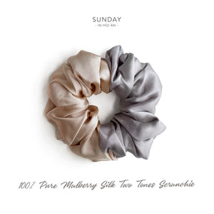Mulberry Silk Two Tone Scrunchie - Nude & Silver Grey