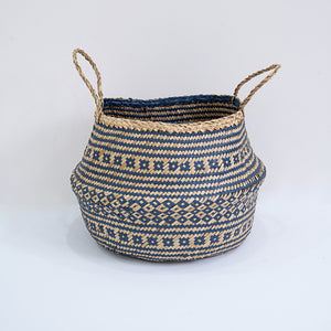 Natural Seagrass Belly Basket - Tribal Navy & Natural