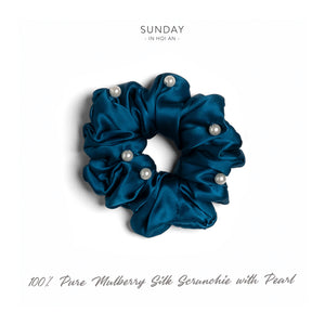 Mulberry Silk Pearls Scrunchie - Peacock Blue