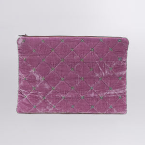 Quilted Silk Velvet Clutch with Green Stiches
