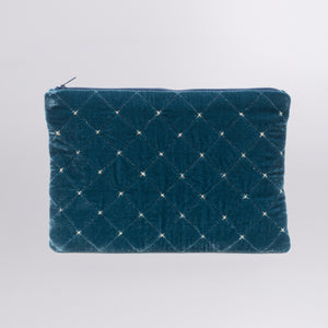 Quilted Silk Velvet Clutch with Silver Stiches