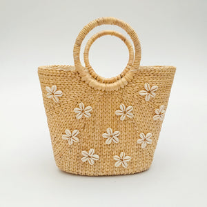 Water Hyacinth Hand Bag Trapezoid - Medium Natural with Seashell