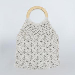 Boho Macrame Hand Bag with Wooden Handle - Floral Cream